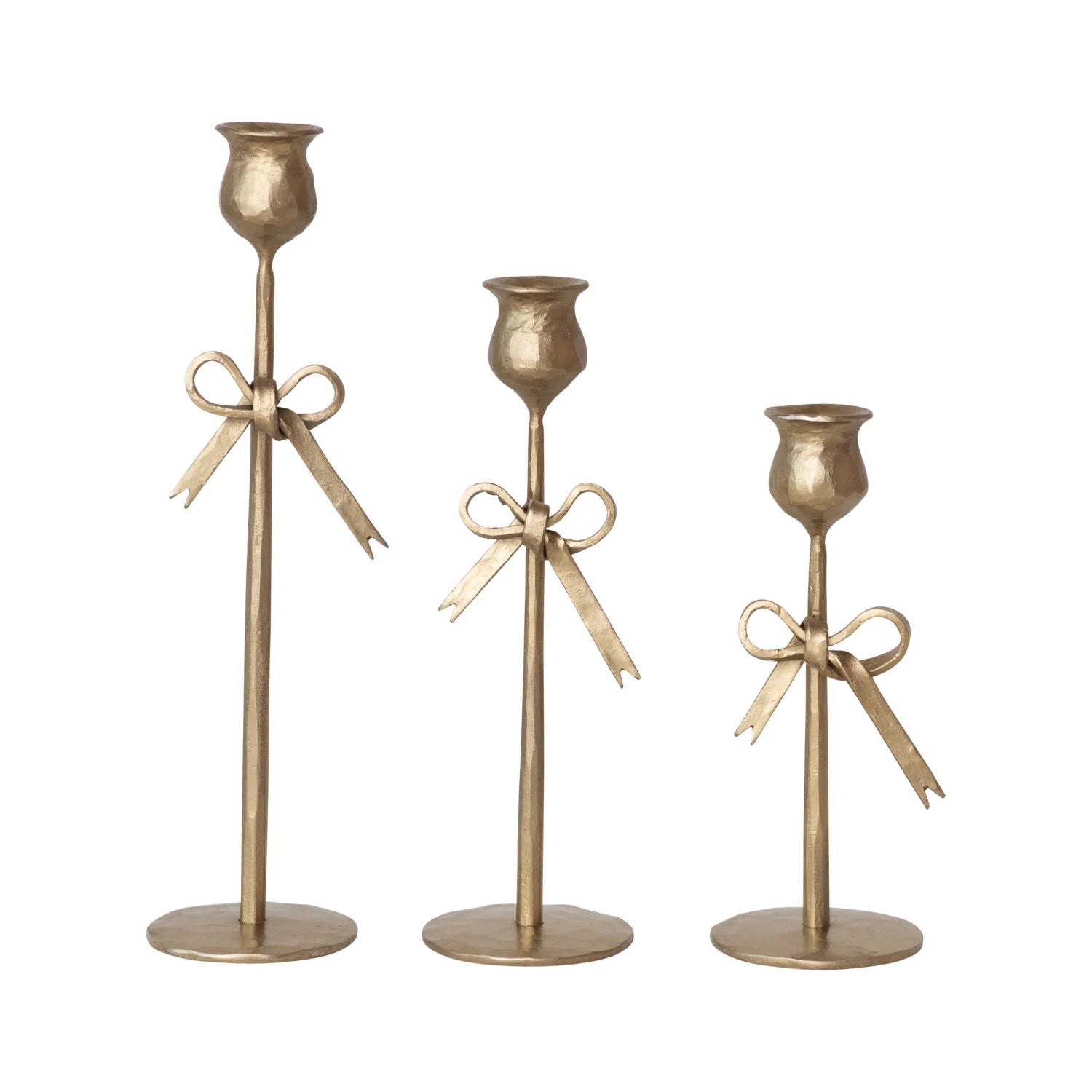 HAND-FORGED IRON TAPER HOLDERS W/ BOW, ANTIQUE GOLD FINISH