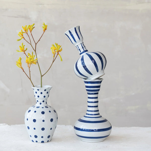 FLOWER VASE, STONEWARE DOTS & STRIPES COLLECTION