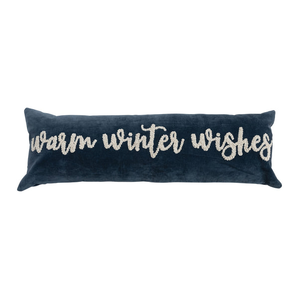 Woven Cotton Velvet Lumbar Pillow with Embroidered "Warm Winter Wishes"