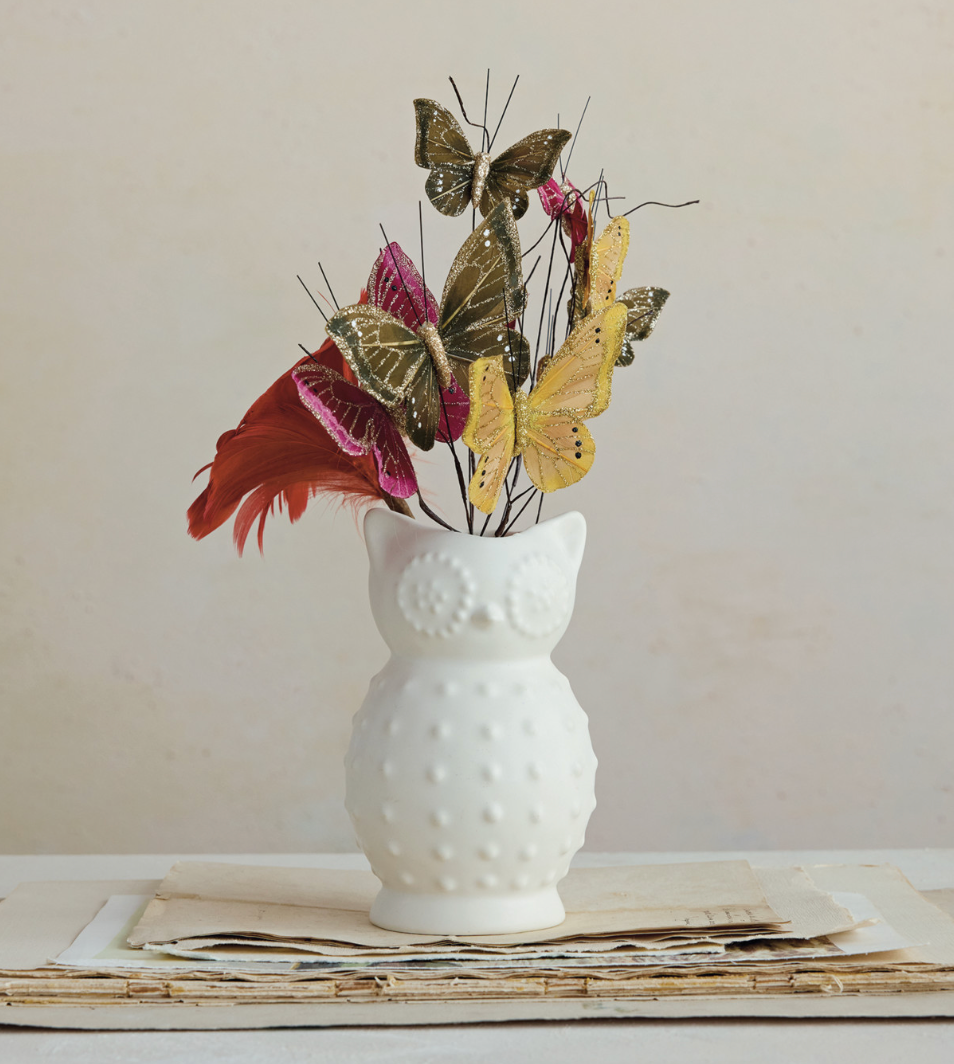 STONEWARE VINTAGE REPORDUCTION OWL SHAPED VASE, MATTE WHITE