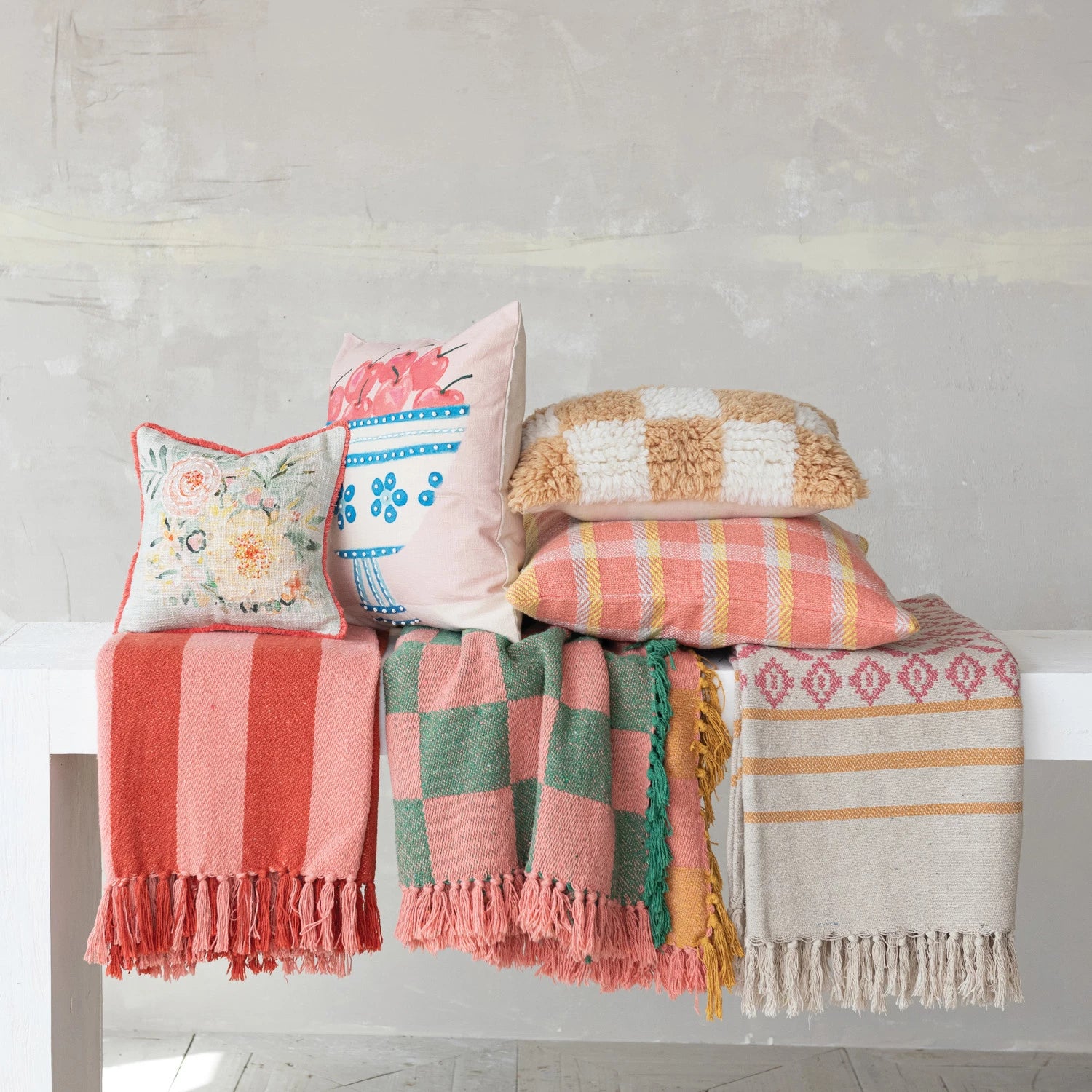 WOVEN RECYCLED COTTON BLEND THROW WITH STRIPES & FRINGES