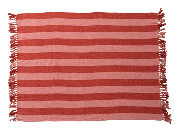 WOVEN RECYCLED COTTON BLEND THROW WITH STRIPES & FRINGES