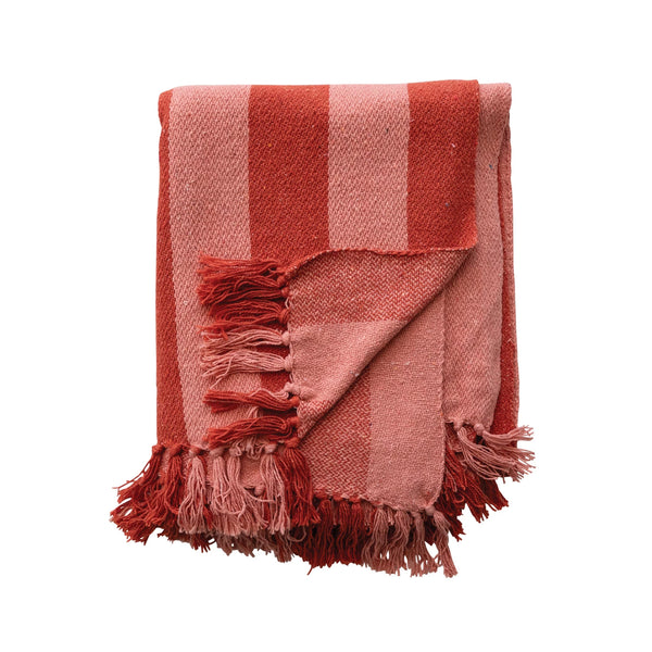 WOVEN RECYCLED COTTON BLEND THROW WITH STRIPES & FRINGES