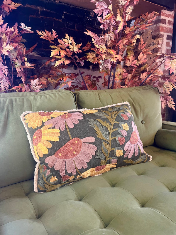 COTTON SLUB EMBROIDERED PILLOW AND FLOWERS, FRINGE & CHAMBRAY BACK