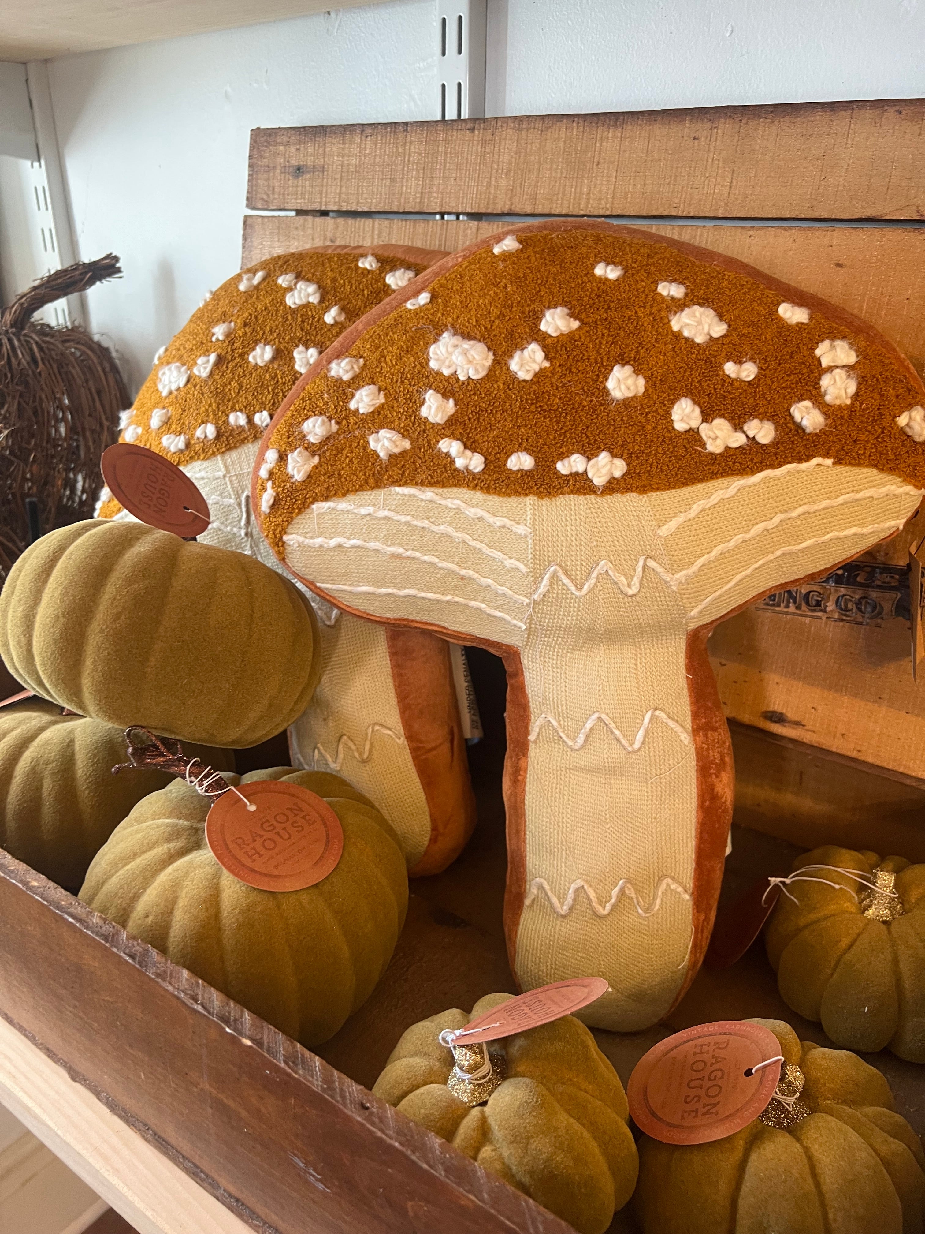 COTTON & LINEN MUSHROOM SHAPED PILLOW WITH EMBROIDERY, BEADS & COTTON VELVET BACK