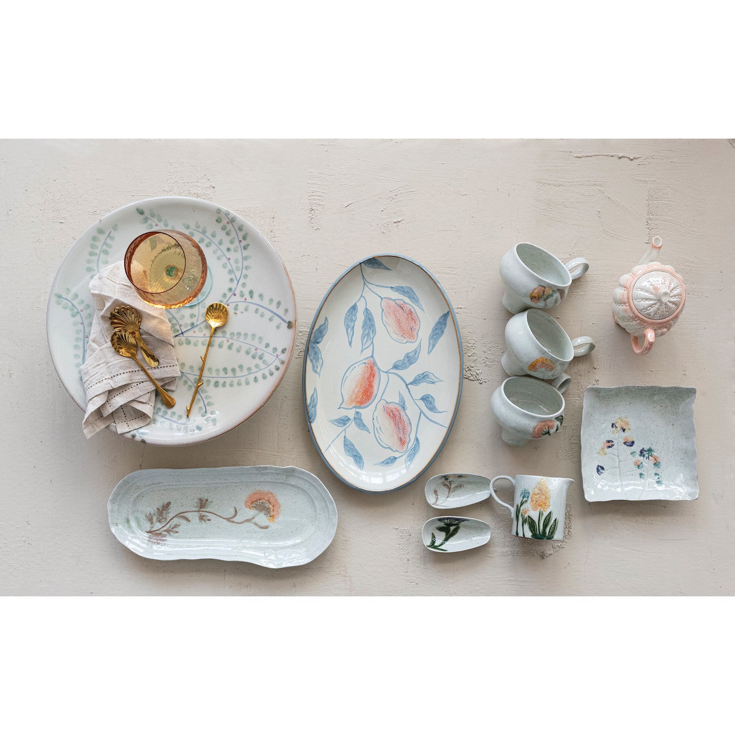 HAND-PAINTED STONEWARE ORGANIC SHAPED PLATTER WITH FLOWERS (EACH ONE WILL VARY)
