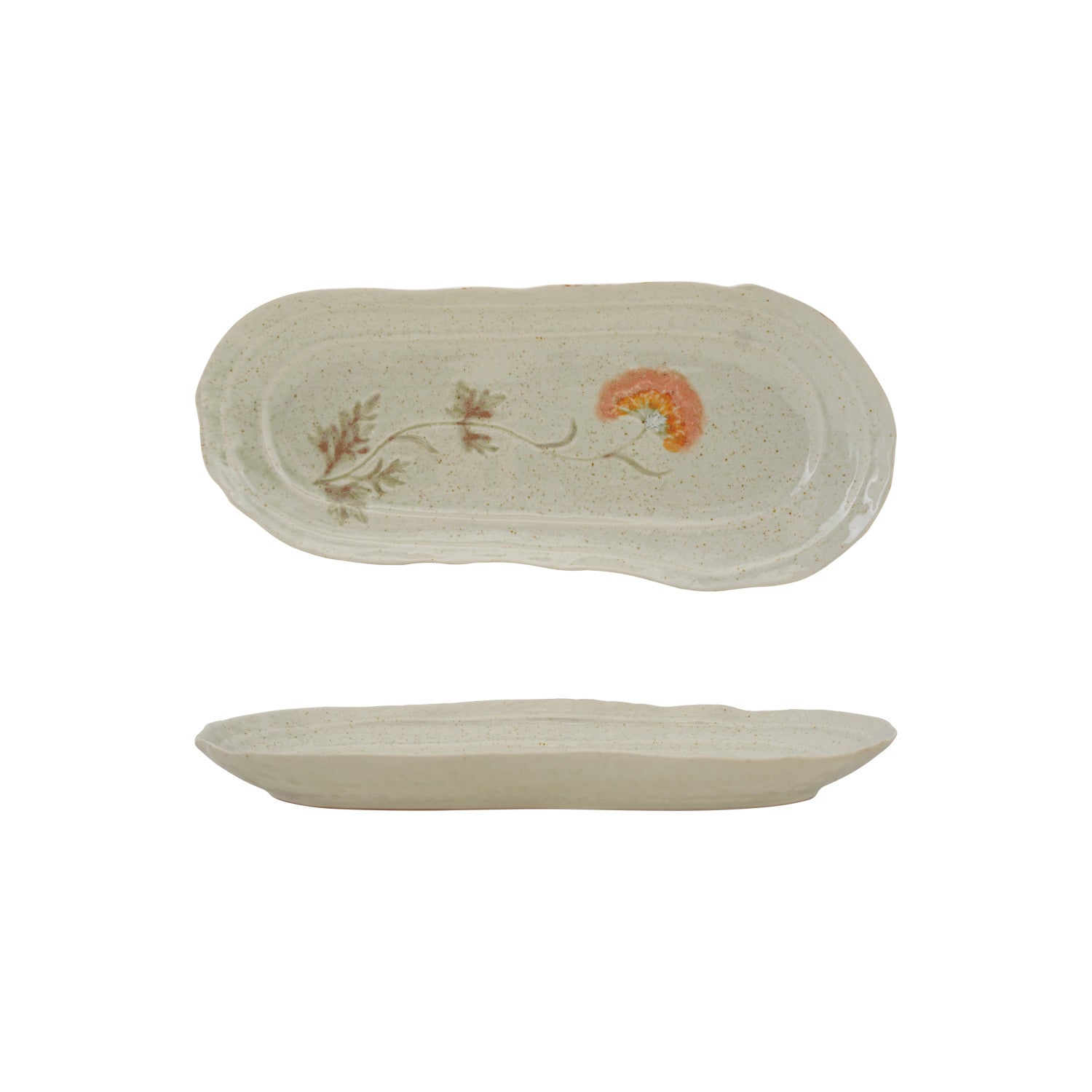 Hand-Painted Stoneware Organic Shaped Platter with Flowers (Each One Will Vary)