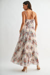 PLEATED IVORY FLORAL TULLE MAXI DRESS