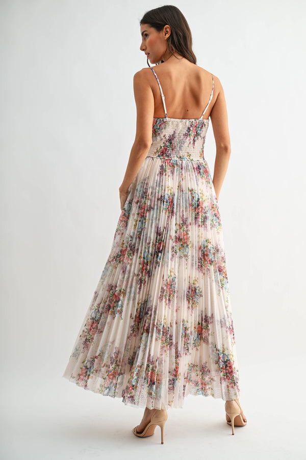 PLEATED IVORY FLORAL TULLE MAXI DRESS