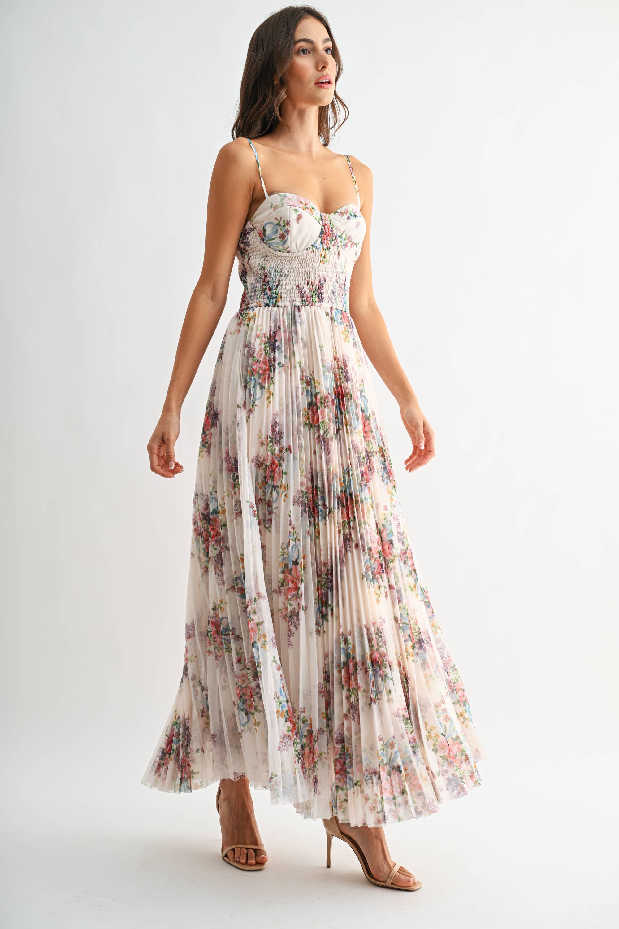 PLEATED IVORY FLORAL TULLE MAXI DRESS