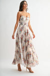 PLEATED IVORY FLORAL TULLE MAXI DRESS