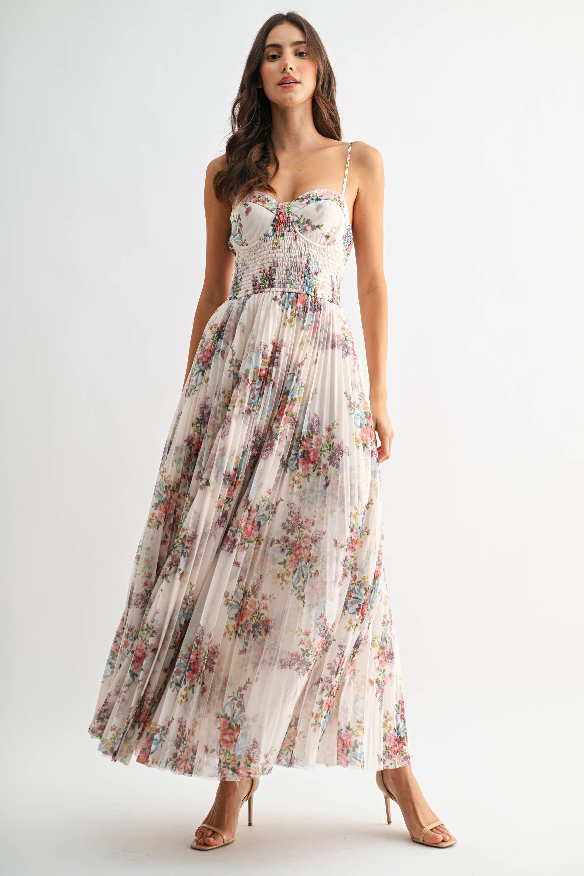 PLEATED IVORY FLORAL TULLE MAXI DRESS