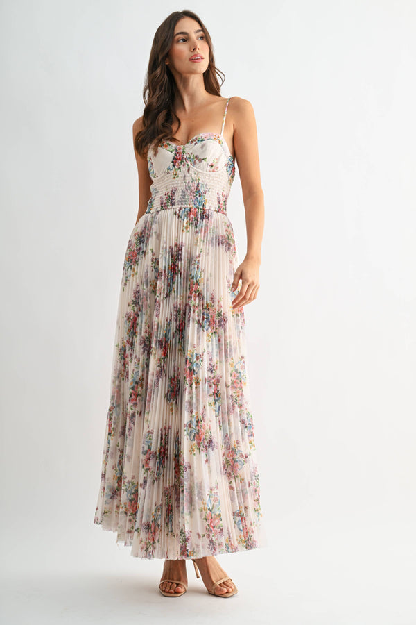 PLEATED IVORY FLORAL TULLE MAXI DRESS