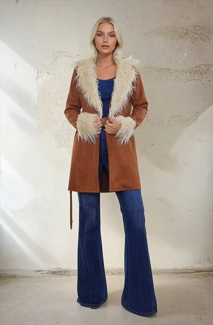 PENNY LANE FAUX SUEDE FUR TRIM COAT: CAMEL