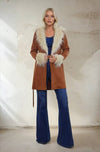 PENNY LANE FAUX SUEDE FUR TRIM COAT: CAMEL