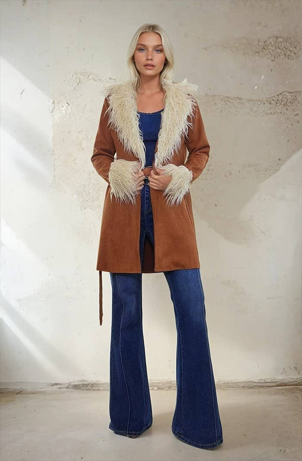 PENNY LANE FAUX SUEDE FUR TRIM COAT: CAMEL