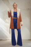 PENNY LANE FAUX SUEDE FUR TRIM COAT: CAMEL