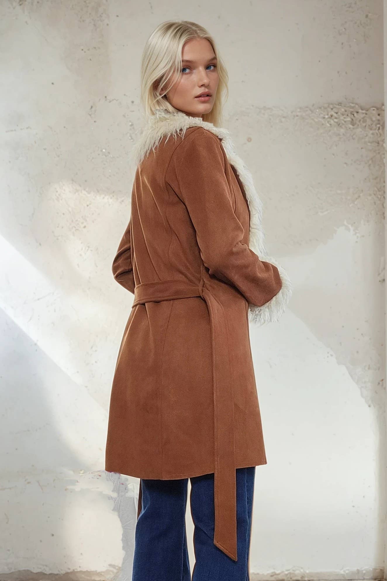 PENNY LANE FAUX SUEDE FUR TRIM COAT: CAMEL