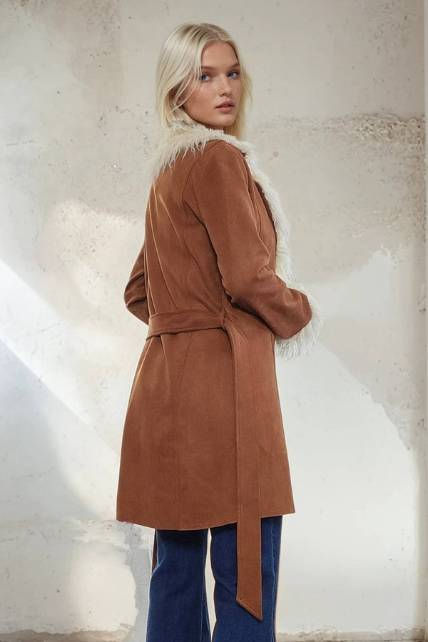 PENNY LANE FAUX SUEDE FUR TRIM COAT: CAMEL