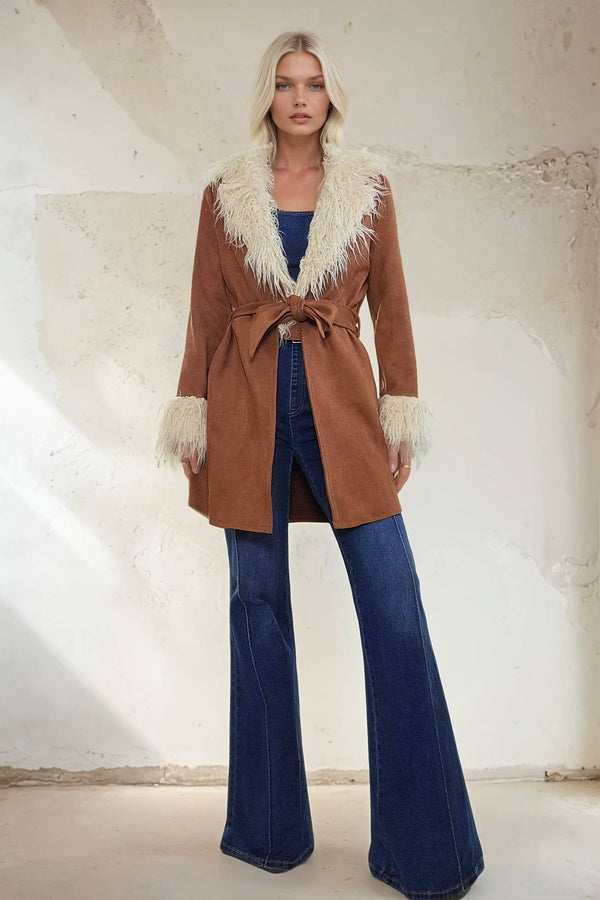 PENNY LANE FAUX SUEDE FUR TRIM COAT: CAMEL