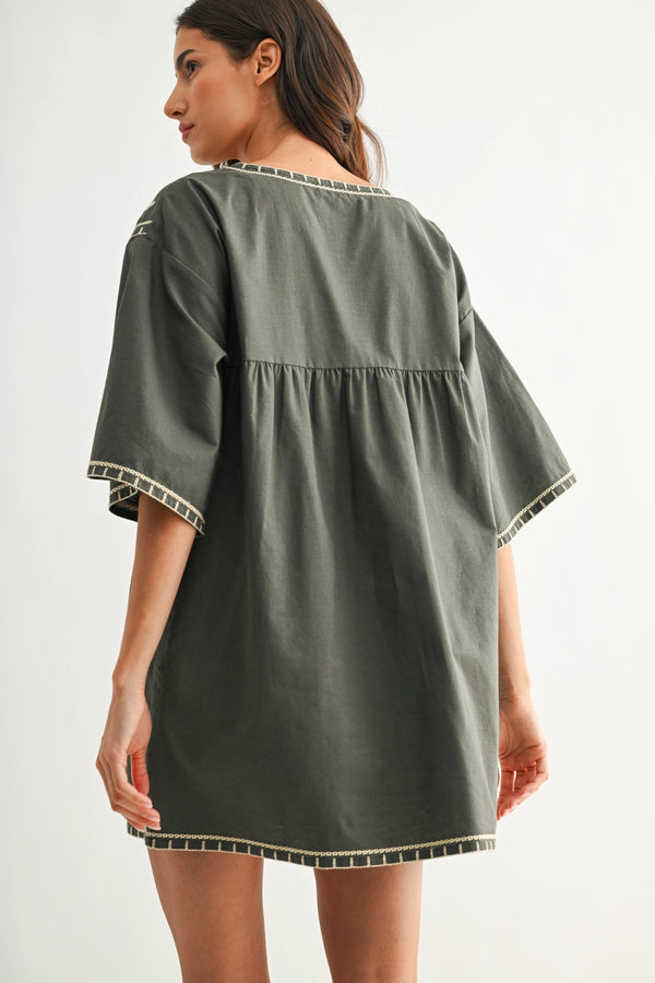 FOREST GREEN DEEP V SHIFT DRESS