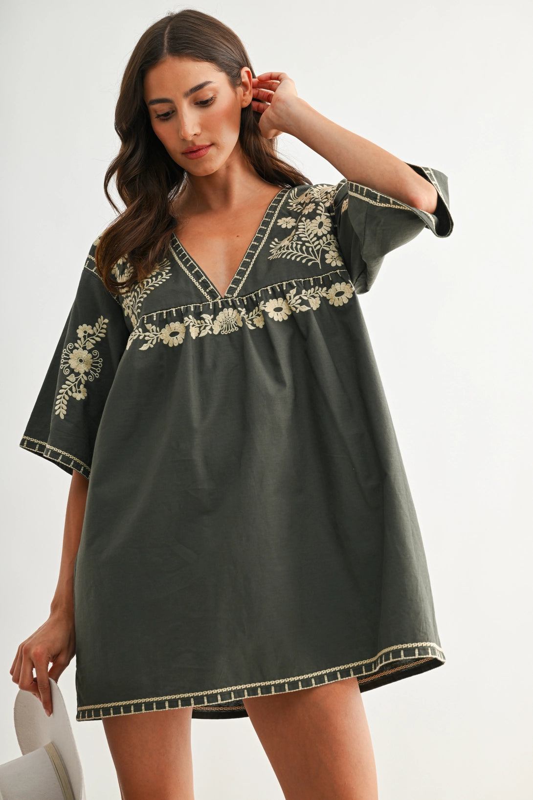 FOREST GREEN DEEP V SHIFT DRESS