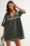 FOREST GREEN DEEP V SHIFT DRESS
