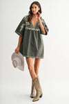 FOREST GREEN DEEP V SHIFT DRESS