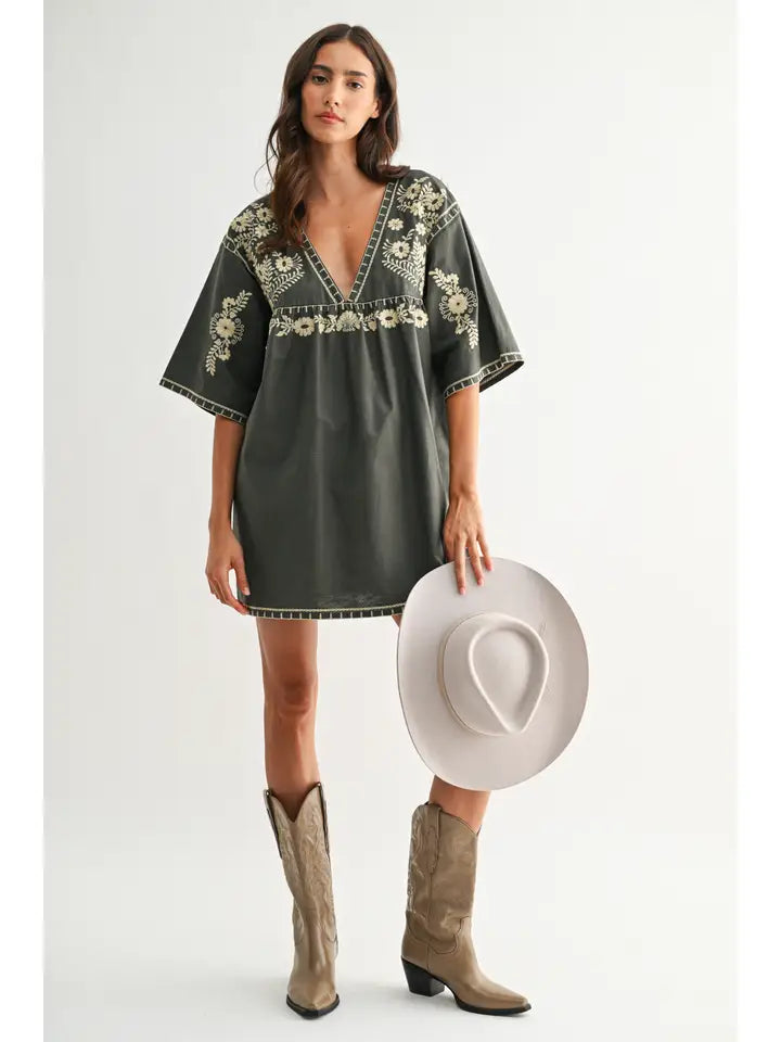 FOREST GREEN DEEP V SHIFT DRESS