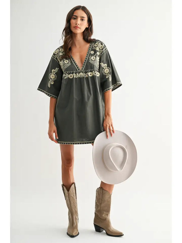 FOREST GREEN DEEP V SHIFT DRESS