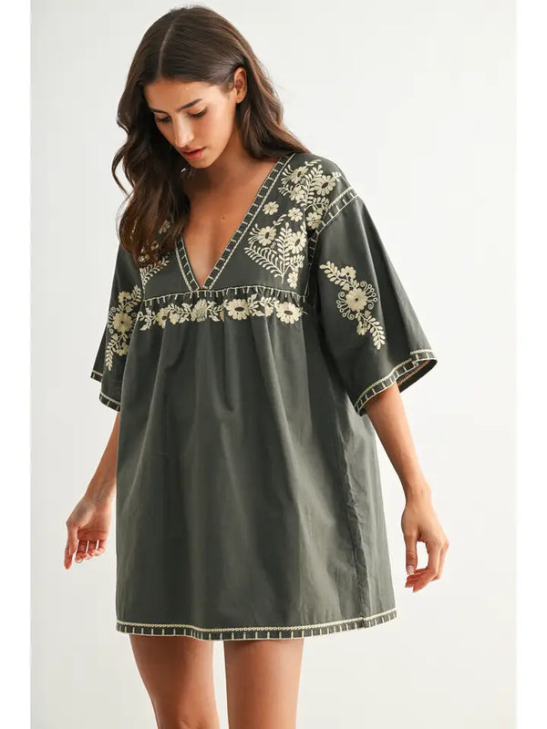 FOREST GREEN DEEP V SHIFT DRESS