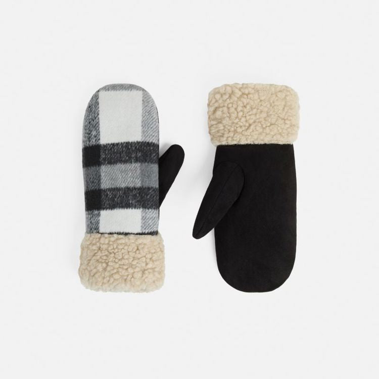 Sherpa Cuff Plaid Mitten - Black/White