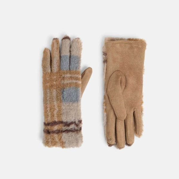 Faux Fur Plaid Touchscreen Gloves - Tan/Grey