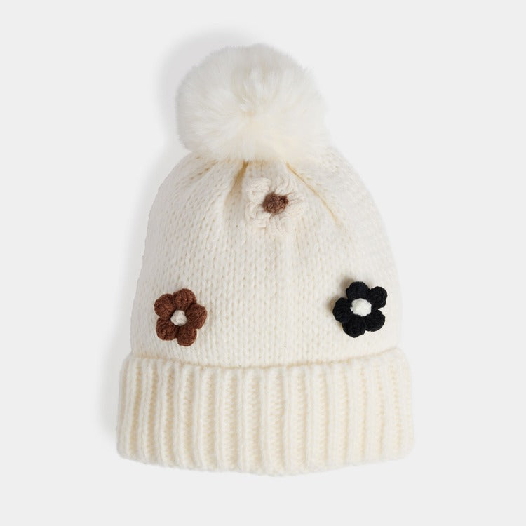Flower Embellished Knit Hat - Winter White