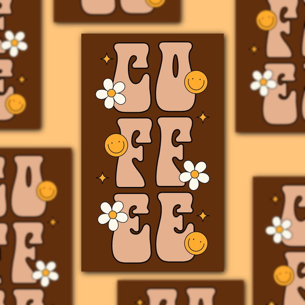 Pattern of 'COFFEE' text with flowers and smiley faces on a brown background.
