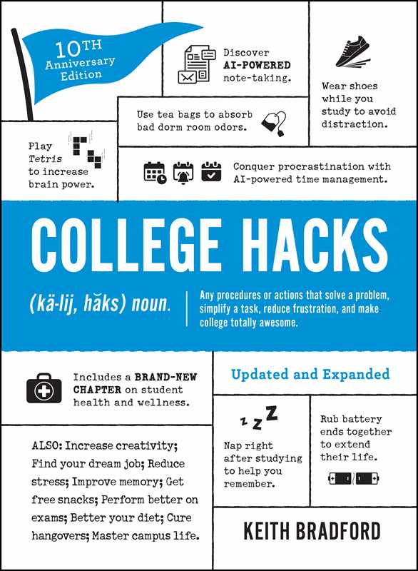 Book cover of 'College Hacks' by Keith Bradford with various tips and features listed.
