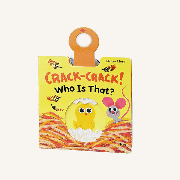 Children's book titled 'Crack-Crack! Who Is That?' with a yellow cover featuring a chick and a mouse.