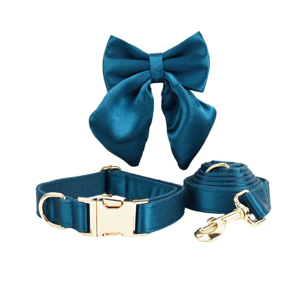 PERSONALIZED BLUE GREEN SATIN CLASSIC DOG WALK SET