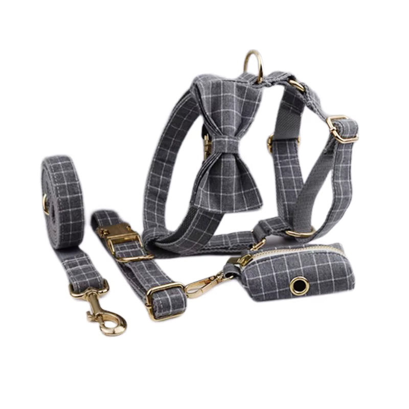 PERSONALIZED GRAY PLAID CLASSIC DOG WALK SET