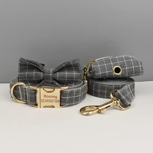 PERSONALIZED GRAY PLAID CLASSIC DOG WALK SET