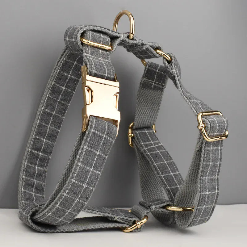PERSONALIZED GRAY PLAID CLASSIC DOG WALK SET
