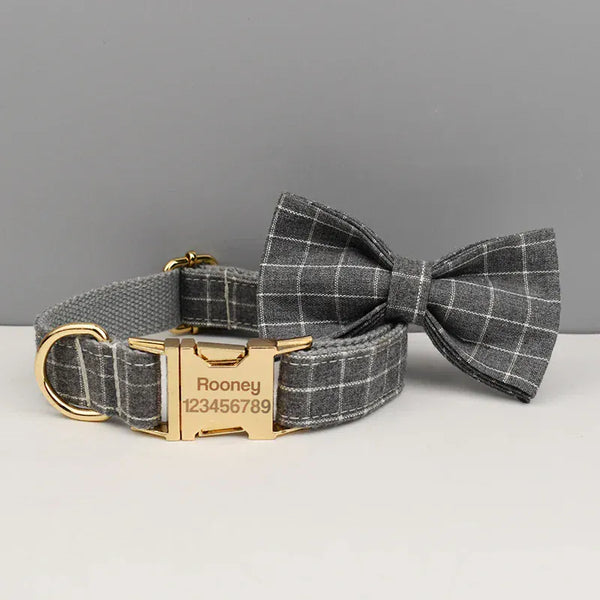 PERSONALIZED GRAY PLAID CLASSIC DOG WALK SET
