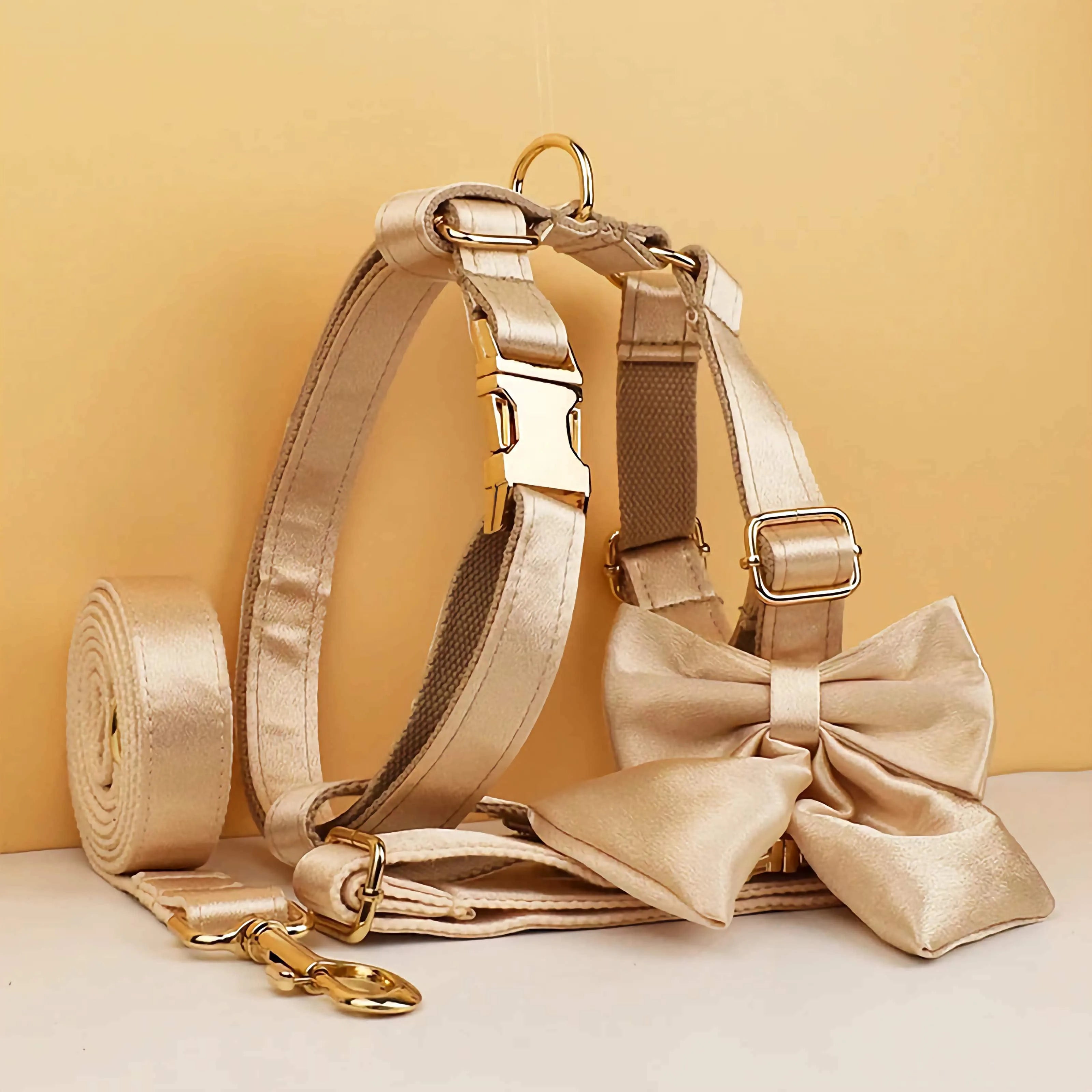 PERSONALIZED GOLD SATIN WEDDING CLASSIC DOG ACCESSORY SET