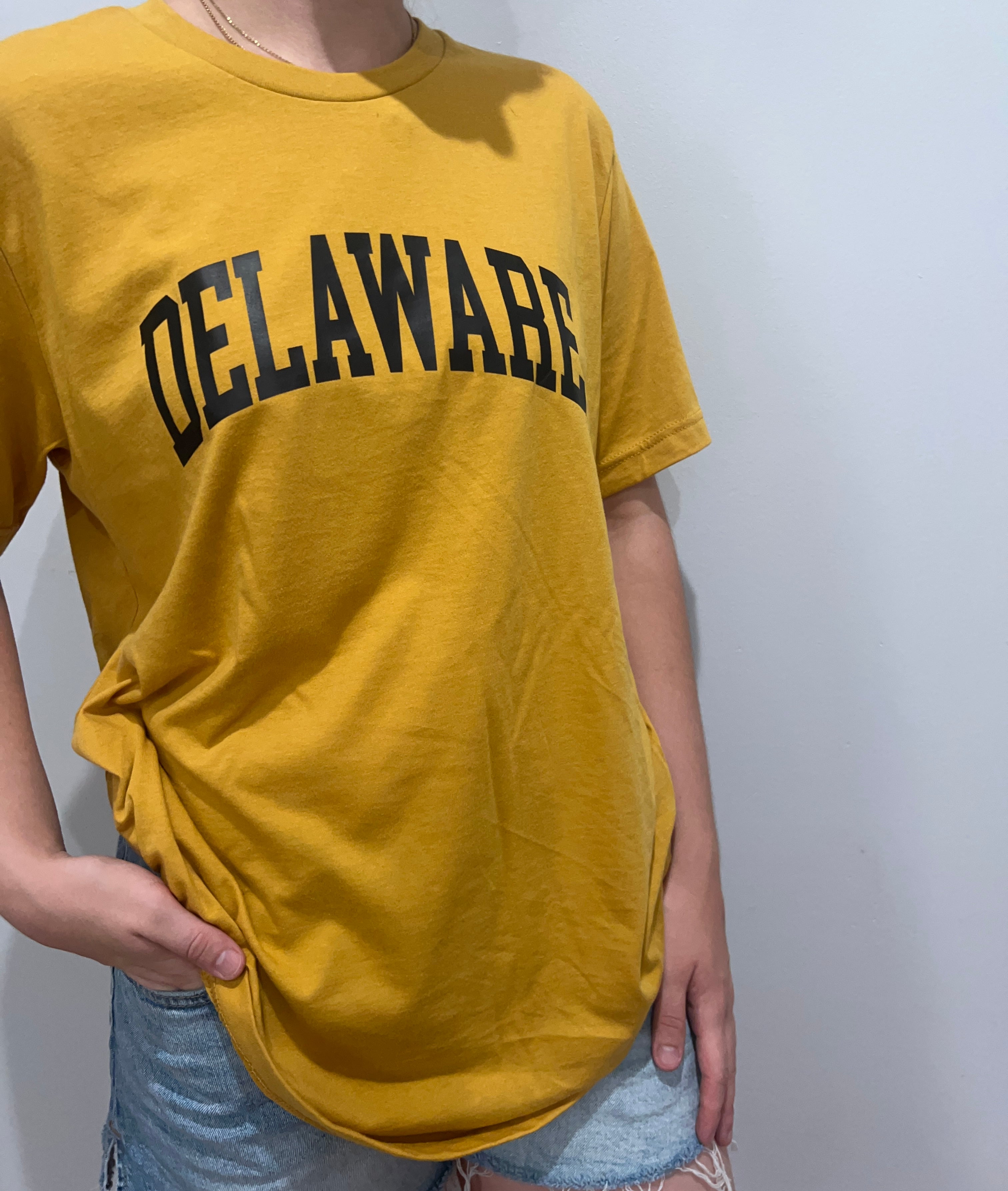 Person wearing a yellow 'DELAWARE' t-shirt against a plain background