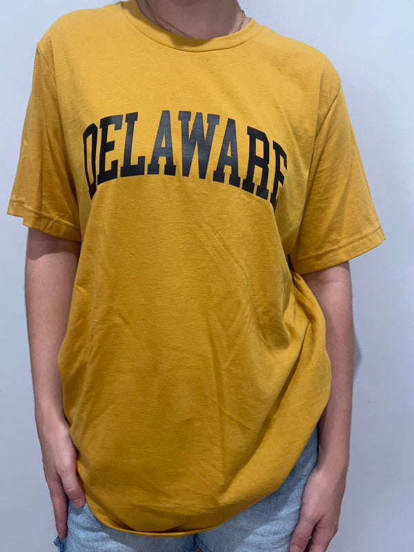 Yellow t-shirt with 'DELAWARE' printed on it worn by a person against a plain background