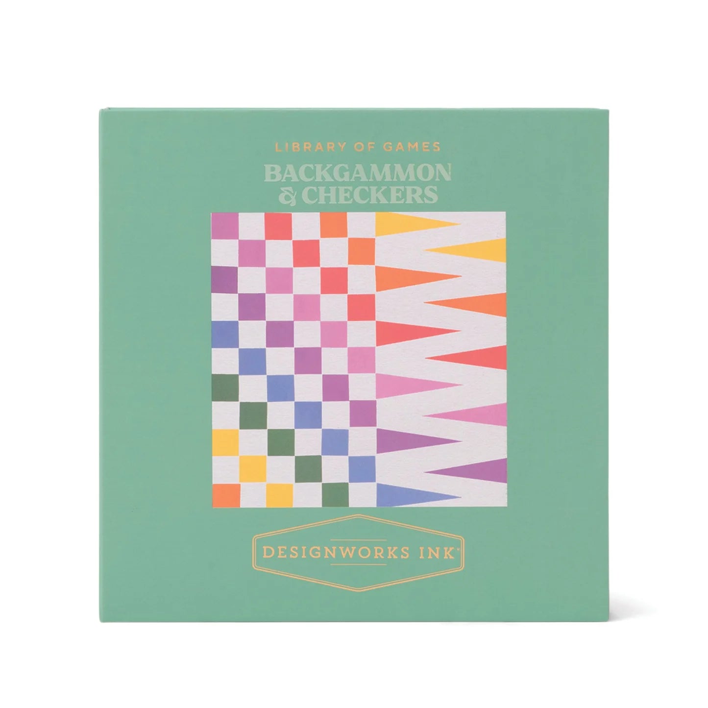 Board game box for backgammon and checkers with colorful pattern on green background