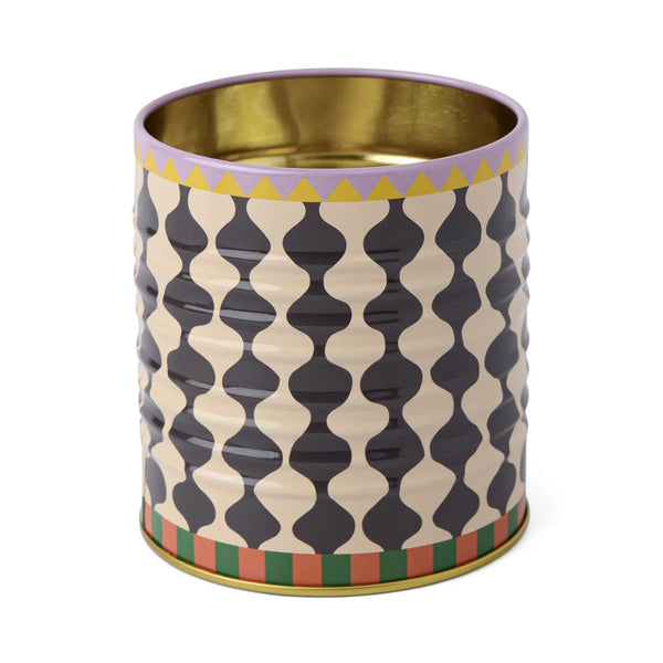 Decorative cylindrical container with geometric pattern on a white background