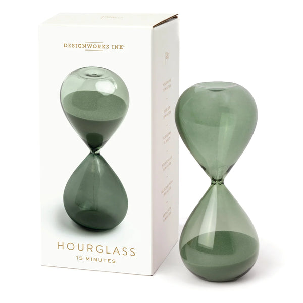 Green hourglass with packaging on a white background