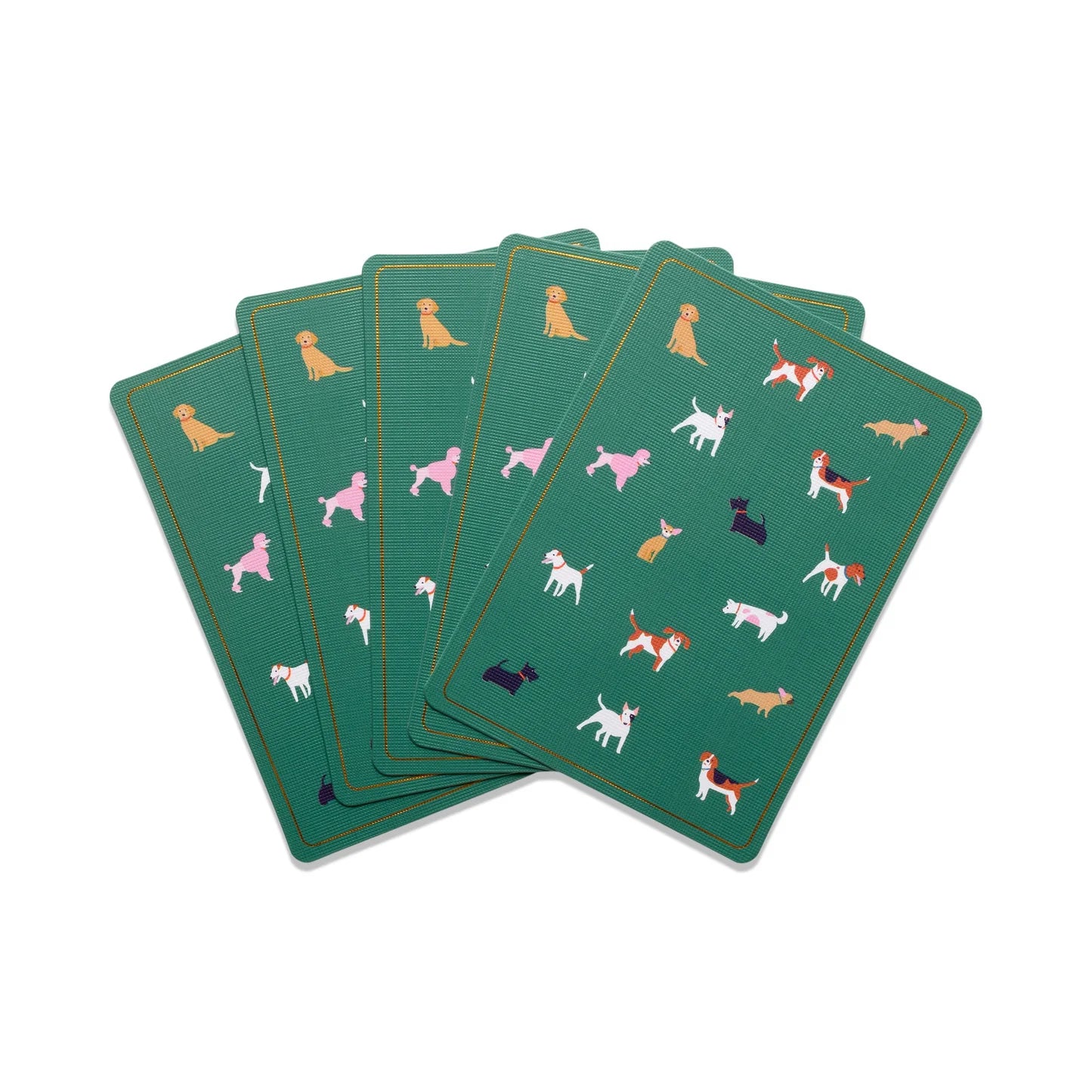 Set of playing cards with dog illustrations on a green background