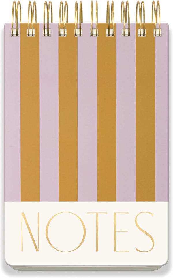 Notebook with gold and purple striped cover and 'NOTES' text